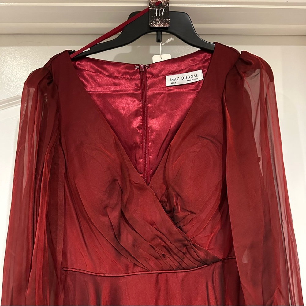 MAC DUGGAL | SHEER BLOUSON SLEEVE SURPLICE GOWN #67873 - Picture 4 of 12